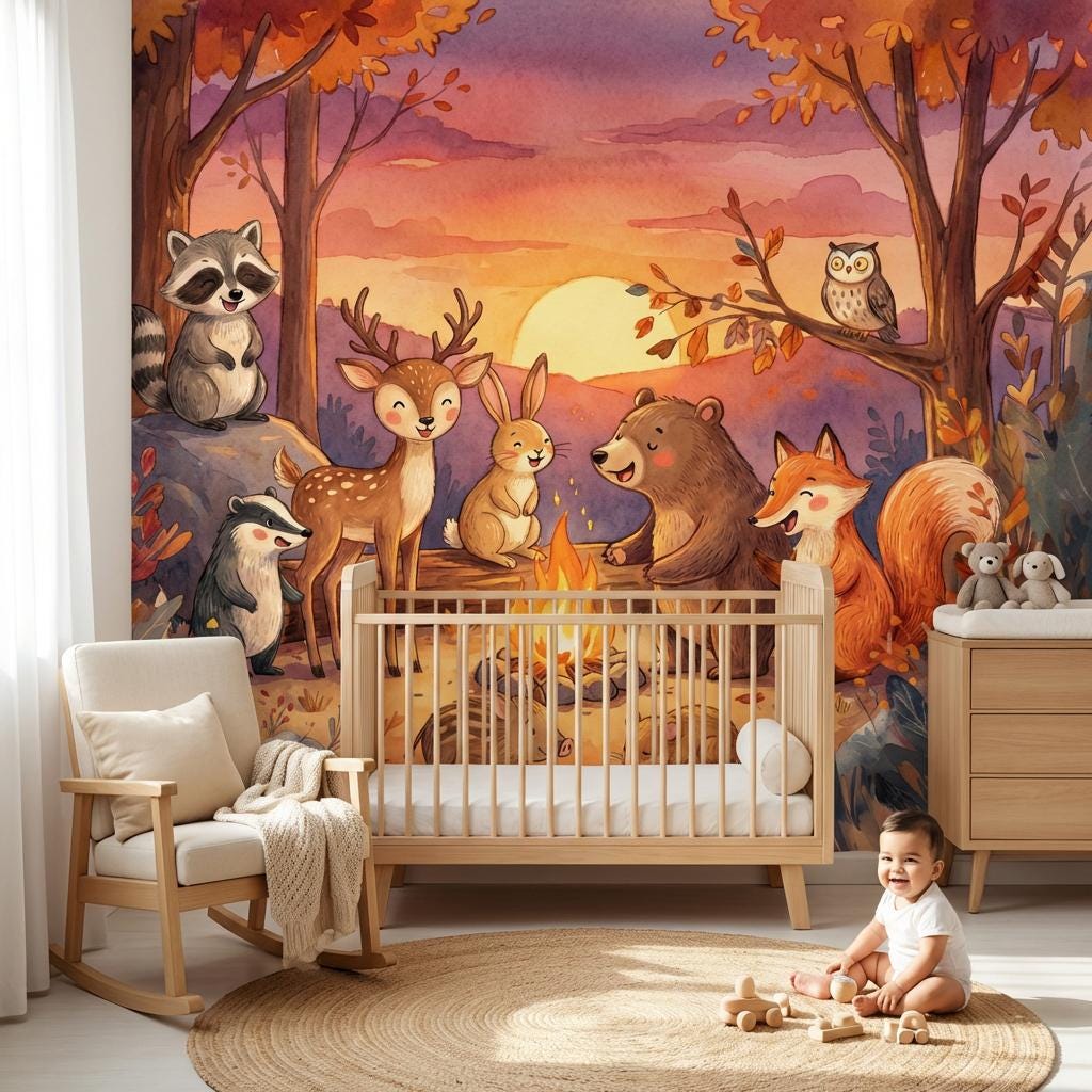 Autumn Forest Wallpaper Sunset Woodland Animals Wall Mural