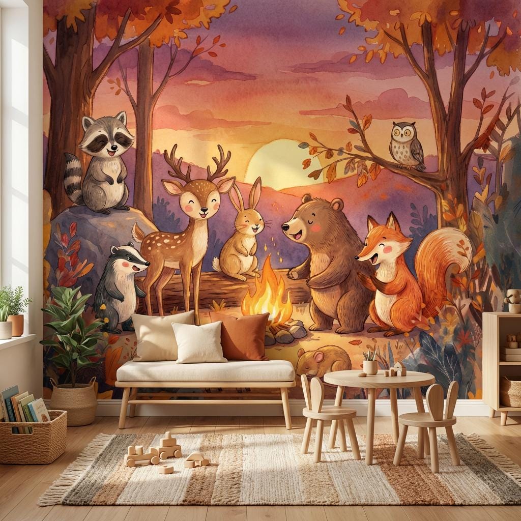 Autumn Forest Wallpaper Sunset Woodland Animals Wall Mural