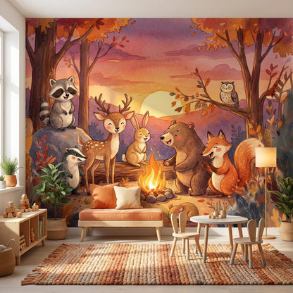 Autumn Forest Wallpaper Sunset Woodland Animals Wall Mural