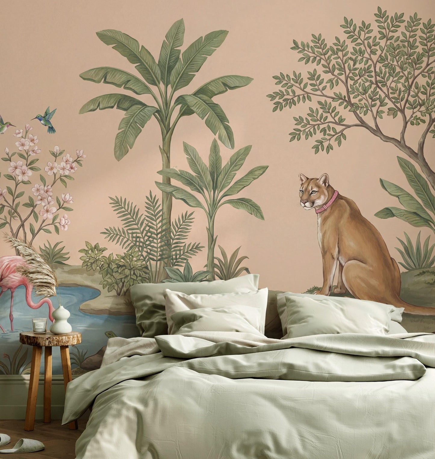 Tropical Landscape Wallpaper Beige Background Pink Flamingo Wall Mural