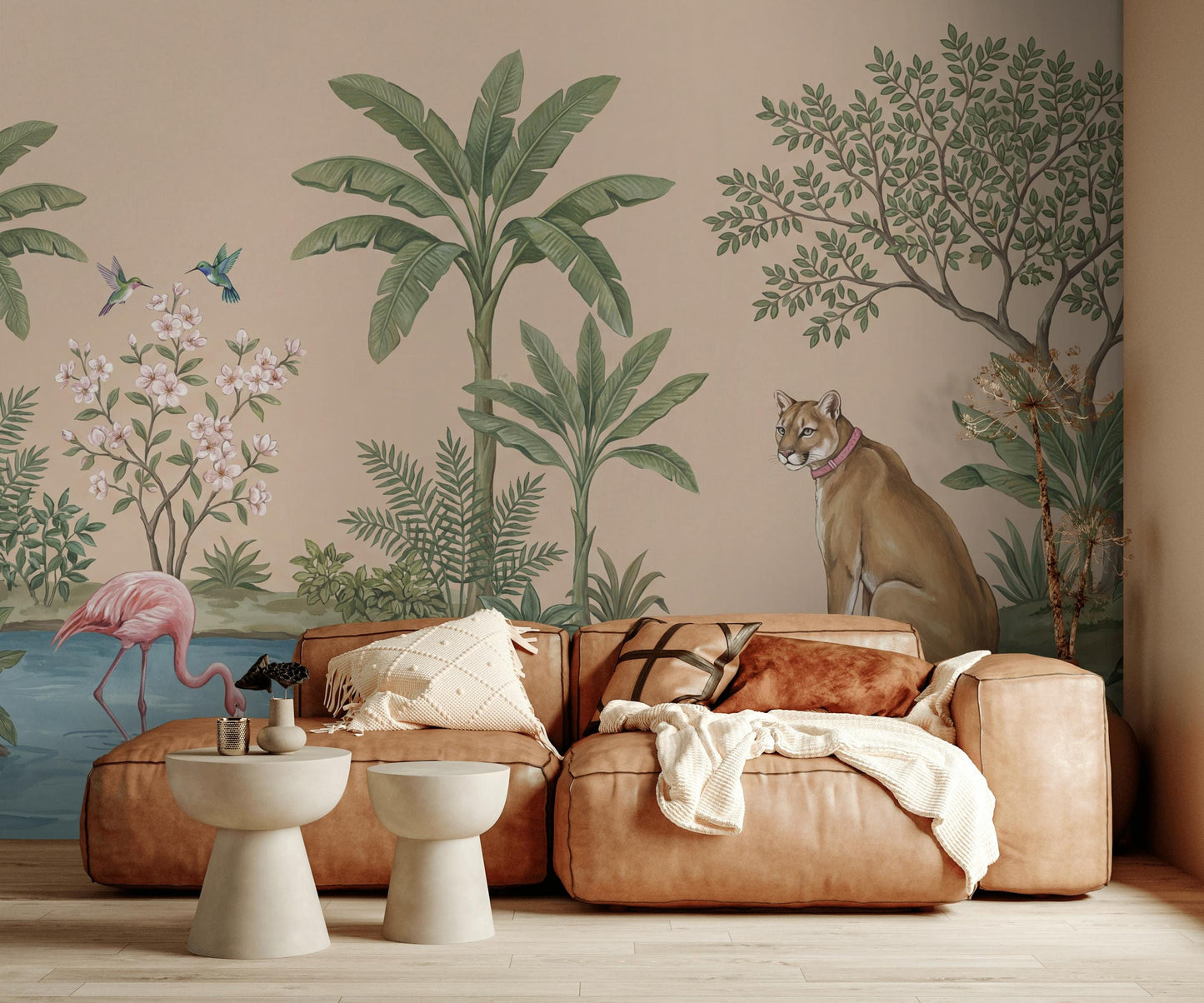 Tropical Landscape Wallpaper Beige Background Pink Flamingo Wall Mural
