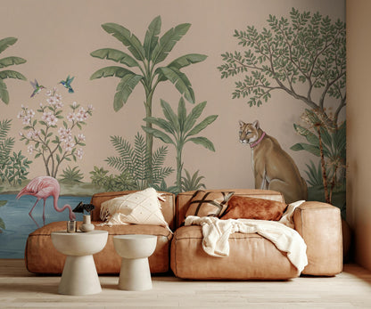 Tropical Landscape Wallpaper Beige Background Pink Flamingo Wall Mural