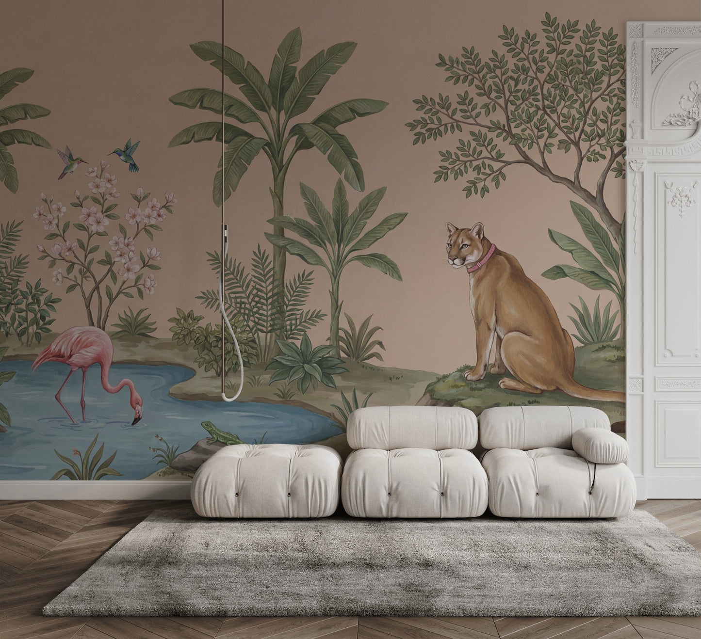 Tropical Landscape Wallpaper Beige Background Pink Flamingo Wall Mural