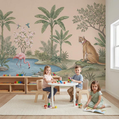Tropical Landscape Wallpaper Beige Background Pink Flamingo Wall Mural