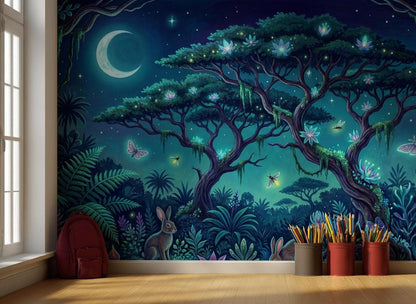 Moonlit Forest Wallpaper Enchanted Landscape Bioluminescent Wall Mural