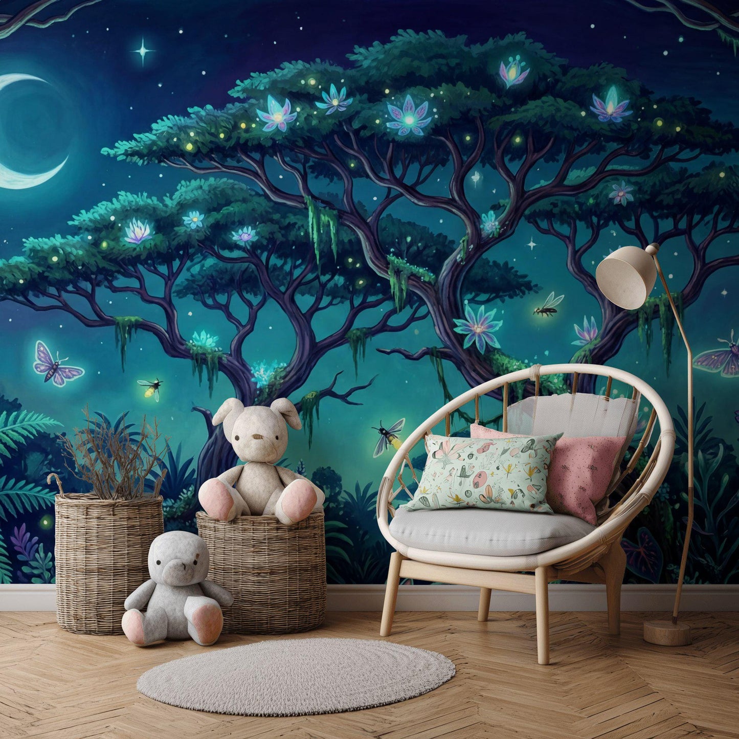 Moonlit Forest Wallpaper Enchanted Landscape Bioluminescent Wall Mural