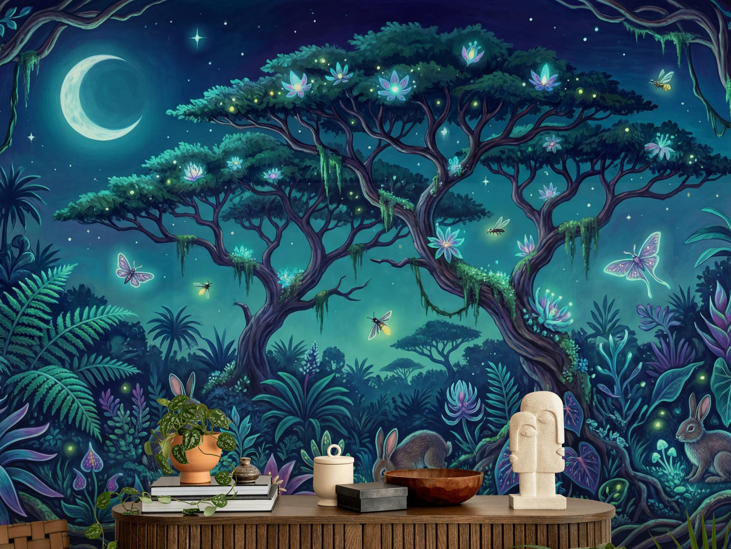 Moonlit Forest Wallpaper Enchanted Landscape Bioluminescent Wall Mural