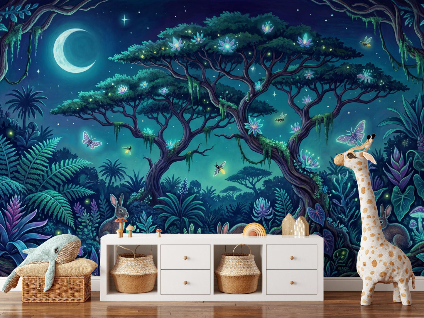 Moonlit Forest Wallpaper Enchanted Landscape Bioluminescent Wall Mural