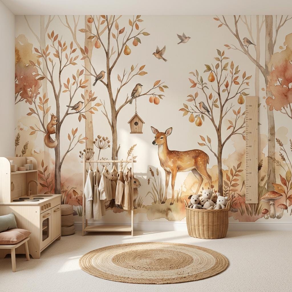 Watercolor Woodland Wallpaper Autumn Forest Birds And Birdhouse Wall Mural