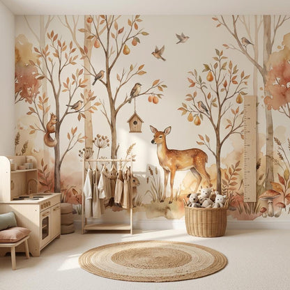 Watercolor Woodland Wallpaper Autumn Forest Birds And Birdhouse Wall Mural