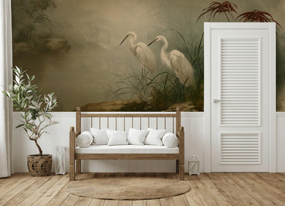 Misty Wetland Wallpaper Egrets Reeds And Grasses Wall Mural