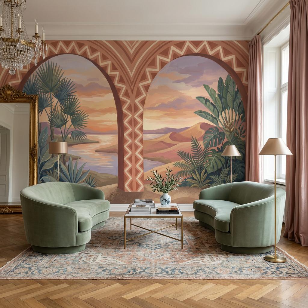 Desert Landscape Wallpaper Terracotta Arches Geometric Border Wall Mural