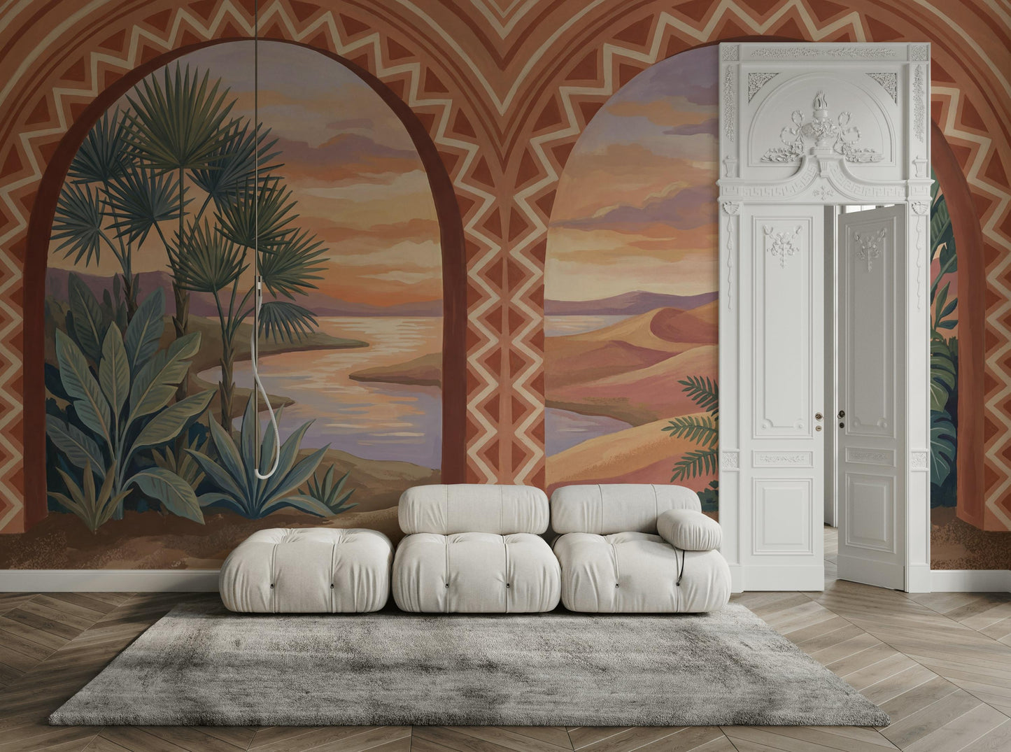 Desert Landscape Wallpaper Terracotta Arches Geometric Border Wall Mural