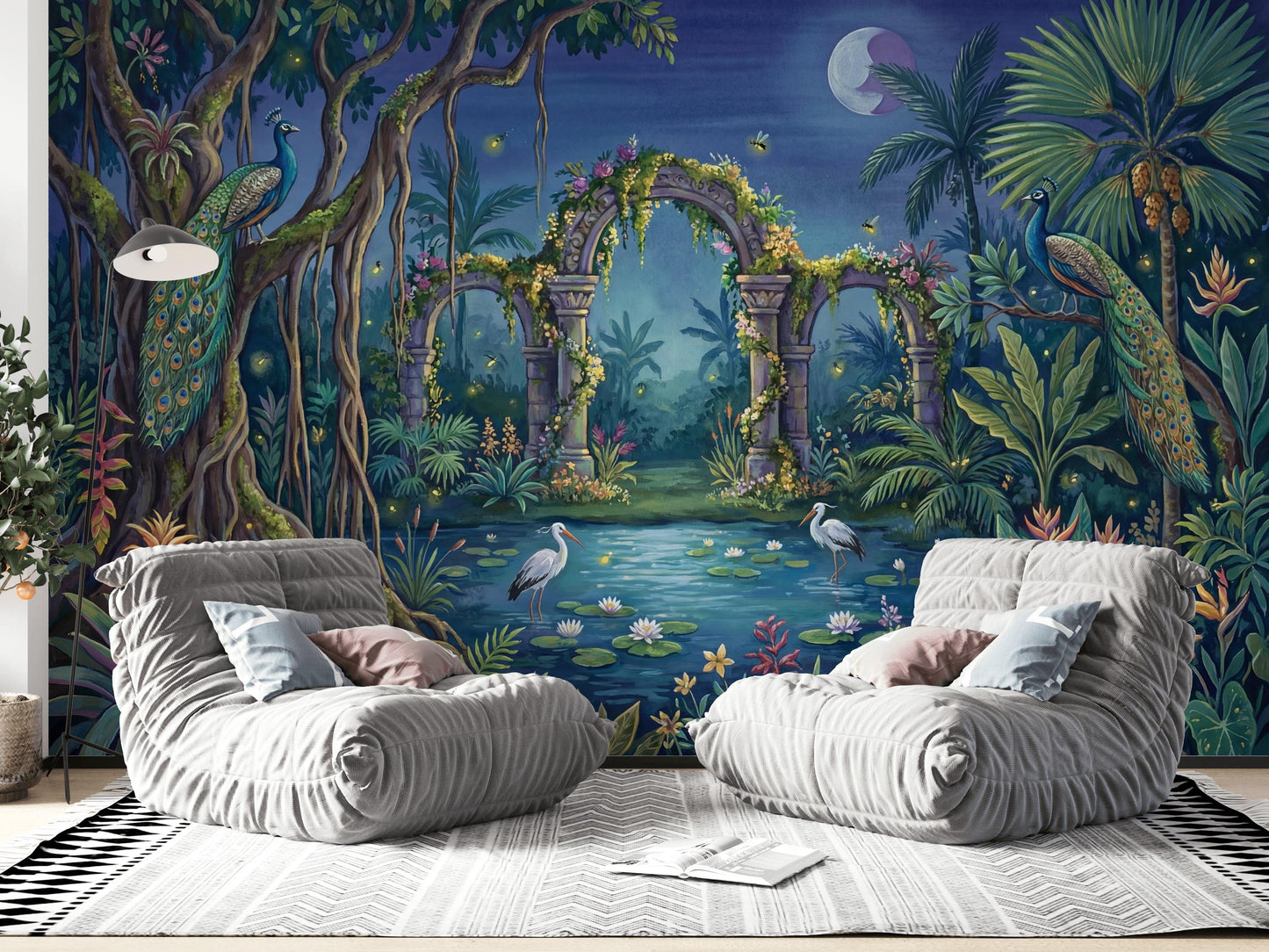 Moonlit Tropical Garden Wallpaper Peacocks Stone Arches Ruins Wall Mural