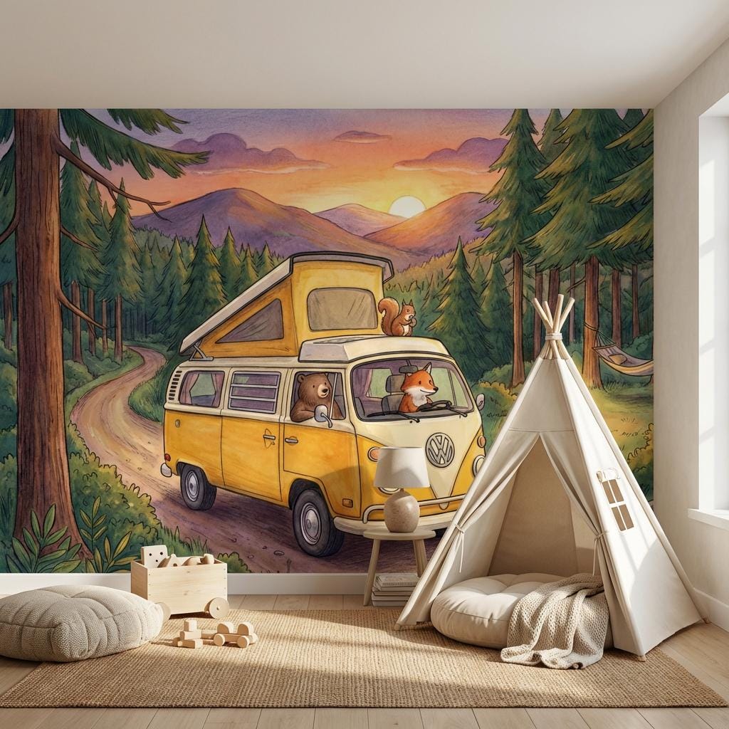Forest Landscape Wallpaper Sunset Mountains Camping Wall Mural