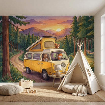 Forest Landscape Wallpaper Sunset Mountains Camping Wall Mural