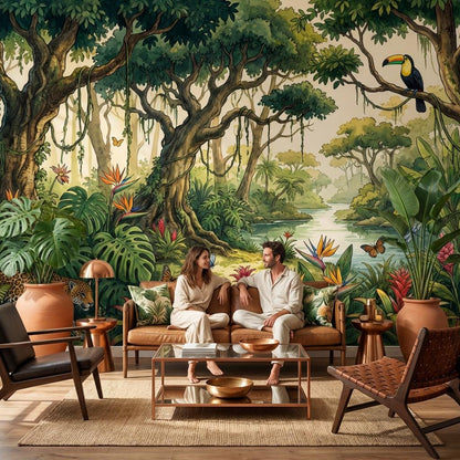 Tropical Rainforest Wallpaper Jaguar Toucan Wall Mural