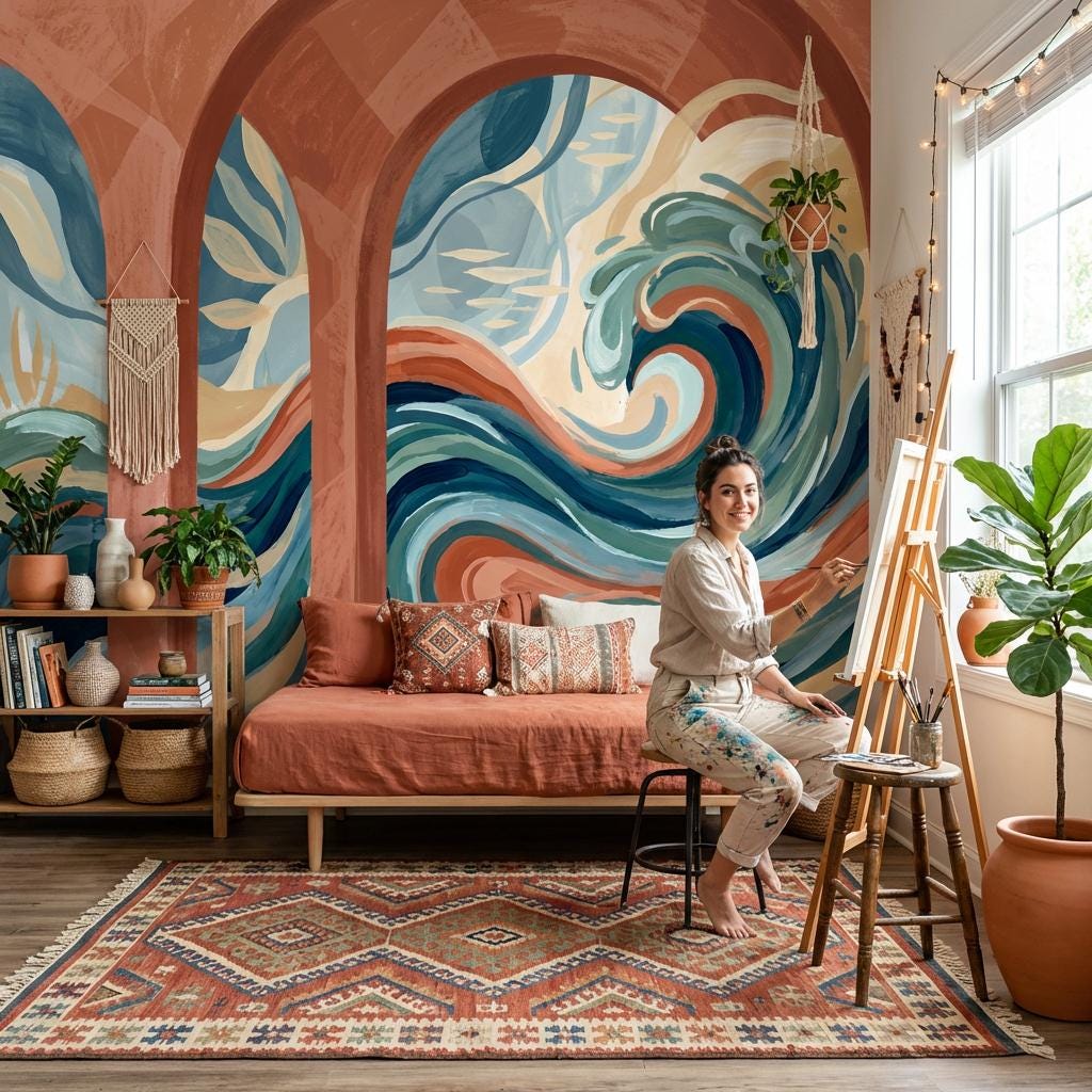 Abstract Seascape Wallpaper Ocean Waves Terracotta Arches Wall Mural
