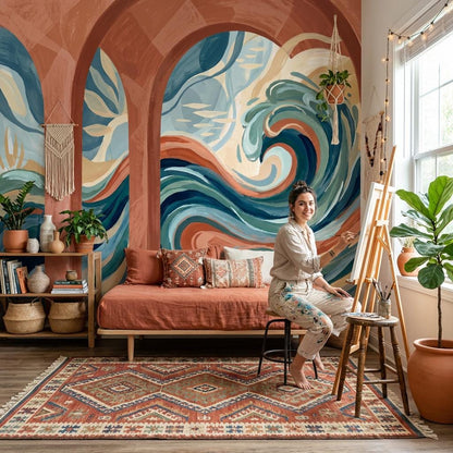 Abstract Seascape Wallpaper Ocean Waves Terracotta Arches Wall Mural