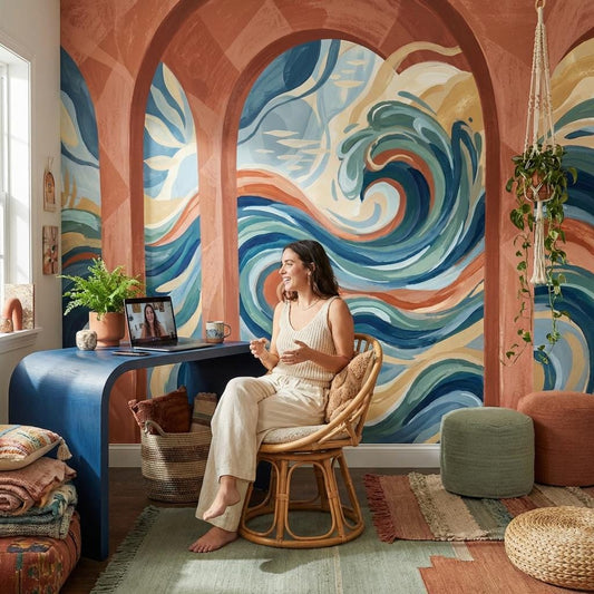 Abstract Seascape Wallpaper Ocean Waves Terracotta Arches Wall Mural