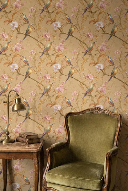 Floral Birds Wallpaper Pink Blossoms Ornate Scrollwork Wall Mural