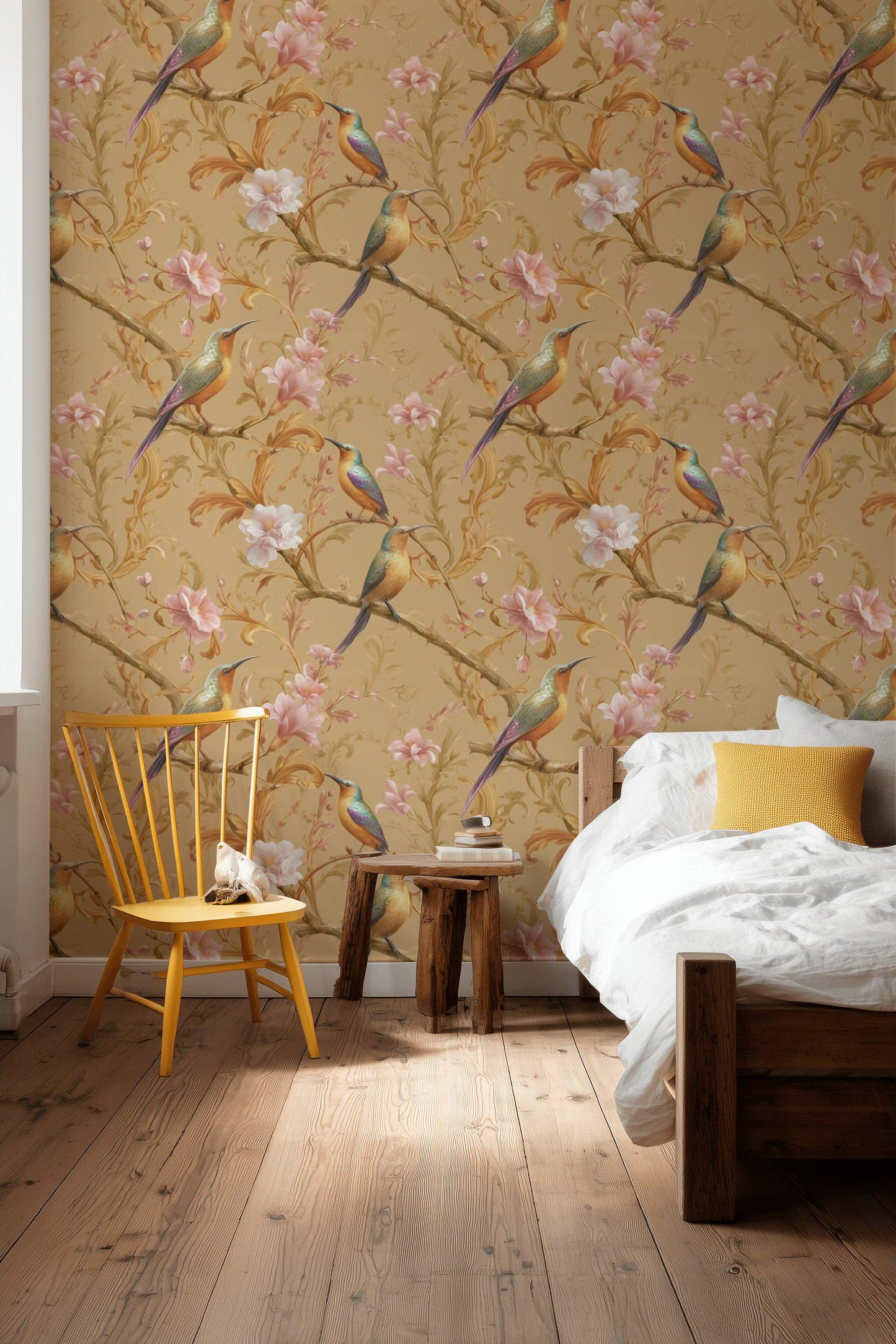 Floral Birds Wallpaper Pink Blossoms Ornate Scrollwork Wall Mural