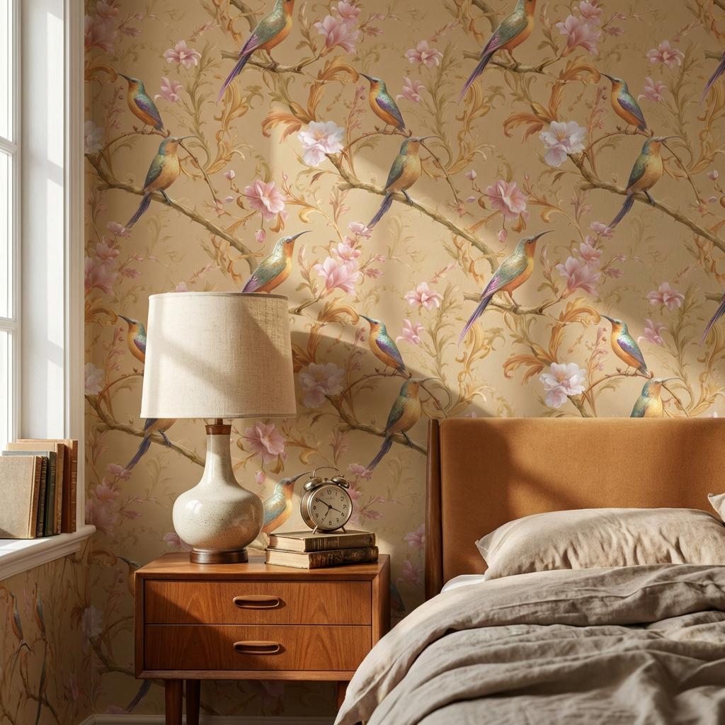 Floral Birds Wallpaper Pink Blossoms Ornate Scrollwork Wall Mural