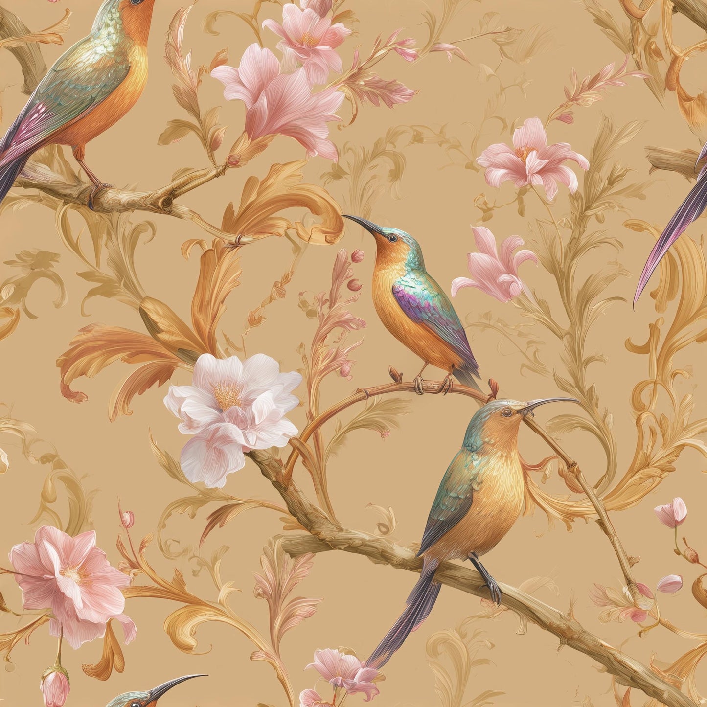 Floral Birds Wallpaper Pink Blossoms Ornate Scrollwork Wall Mural