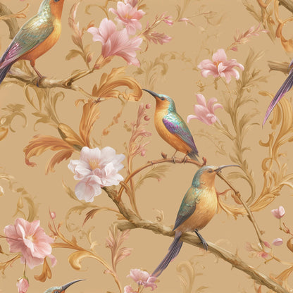 Floral Birds Wallpaper Pink Blossoms Ornate Scrollwork Wall Mural