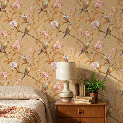 Floral Birds Wallpaper Pink Blossoms Ornate Scrollwork Wall Mural