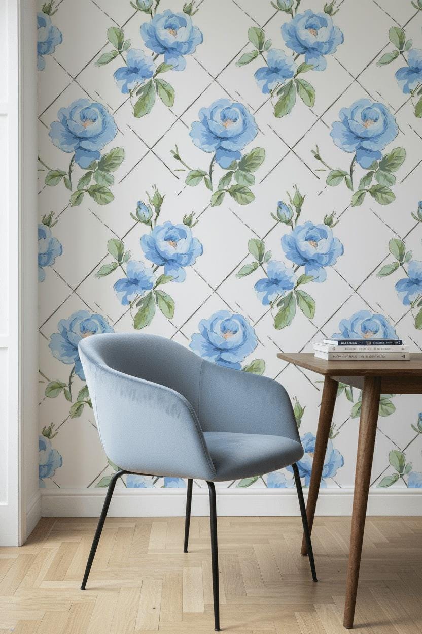 Blue Floral Peony Rose Wallpaper – Modern Interior Wall Mural