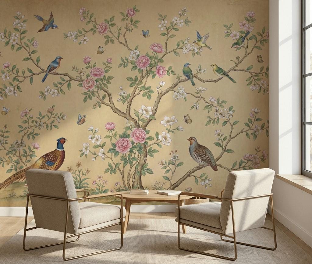 Muted Green Wallpaper Botanical Chinoiserie Wall Mural