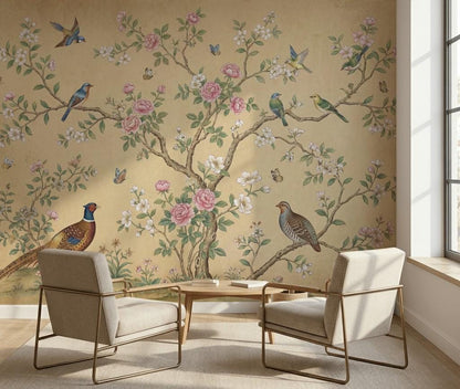 Muted Green Wallpaper Botanical Chinoiserie Wall Mural