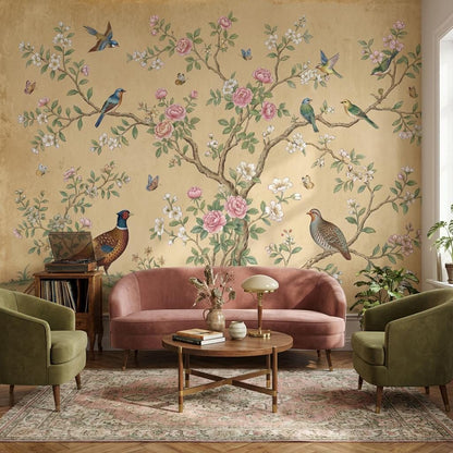Muted Green Wallpaper Botanical Chinoiserie Wall Mural