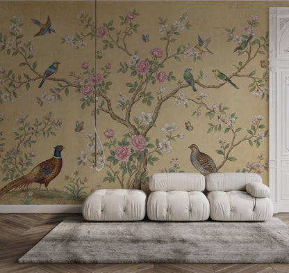 Muted Green Wallpaper Botanical Chinoiserie Wall Mural