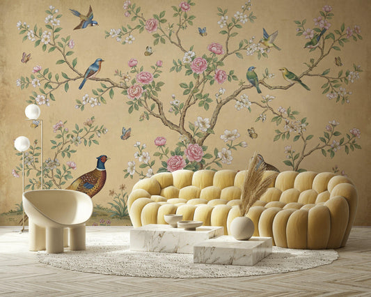 Muted Green Wallpaper Botanical Chinoiserie Wall Mural