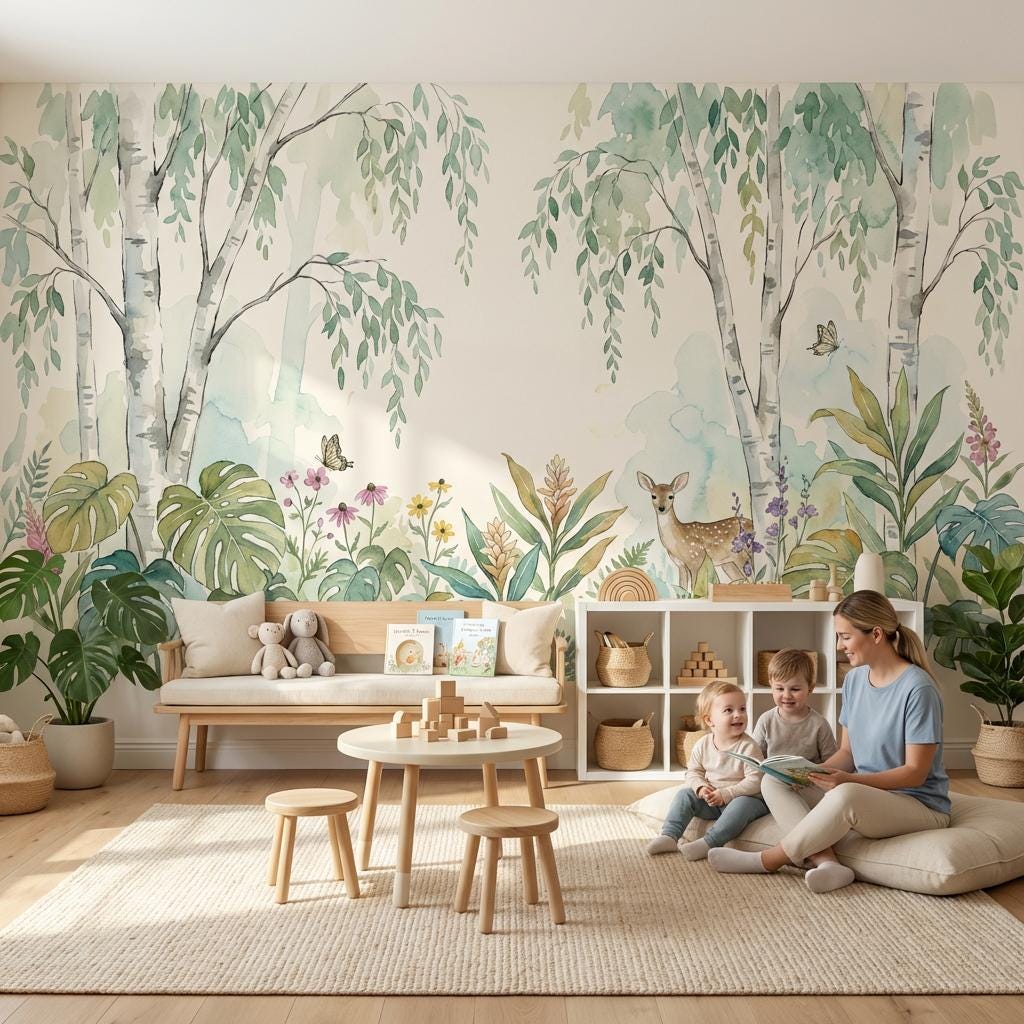 Woodland Wallpaper Watercolor Birch Trees Wall Mural