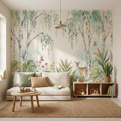 Woodland Wallpaper Watercolor Birch Trees Wall Mural