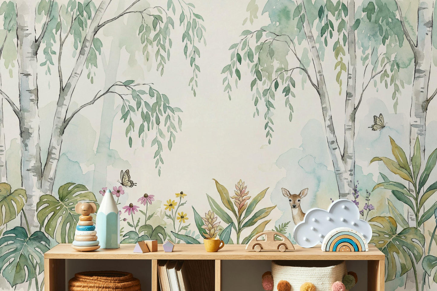 Woodland Wallpaper Watercolor Birch Trees Wall Mural