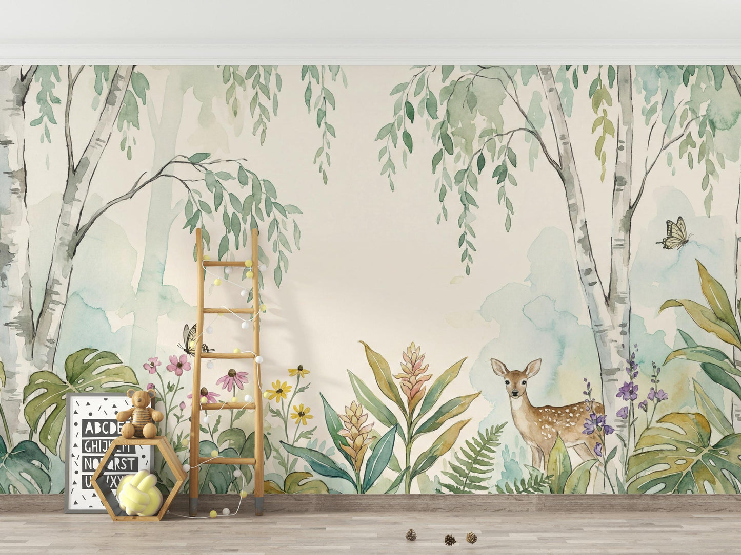 Woodland Wallpaper Watercolor Birch Trees Wall Mural