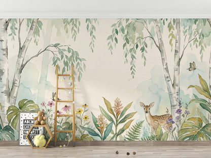Woodland Wallpaper Watercolor Birch Trees Wall Mural