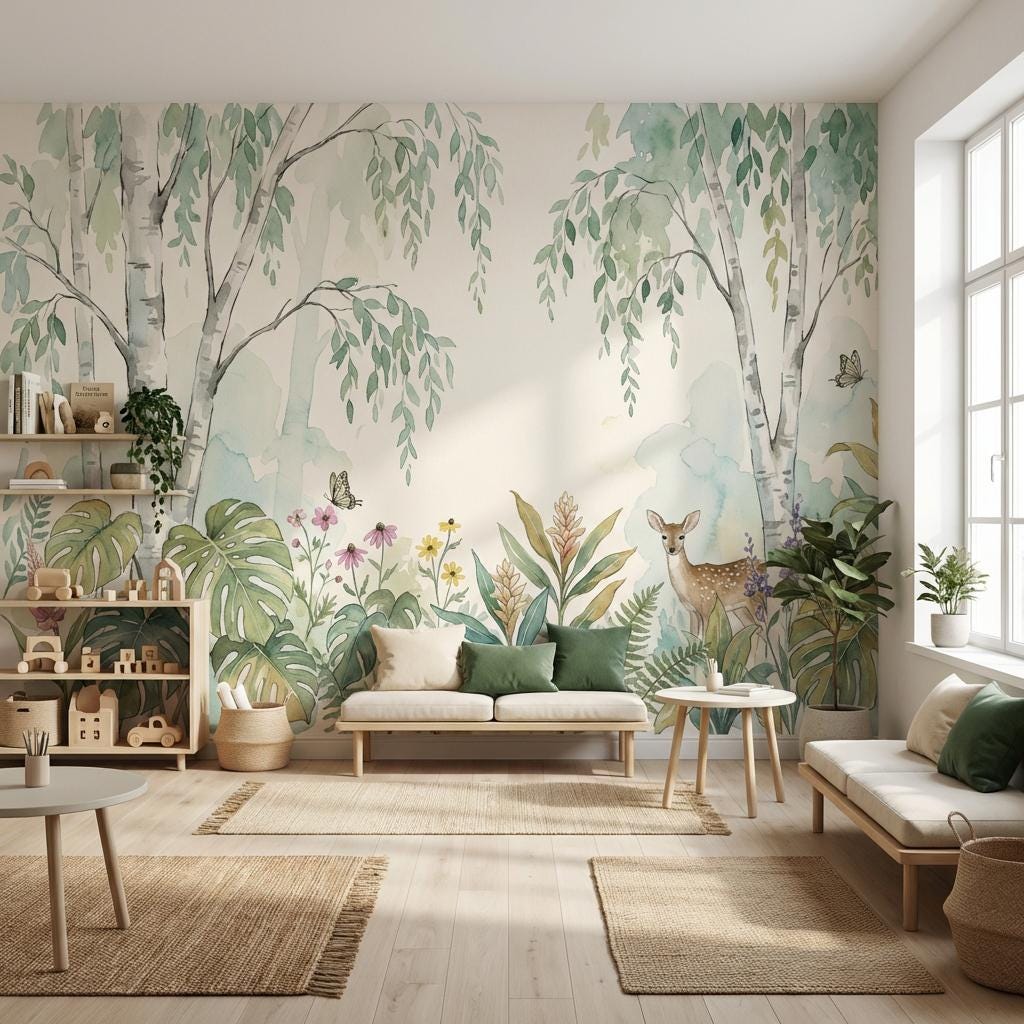 Woodland Wallpaper Watercolor Birch Trees Wall Mural