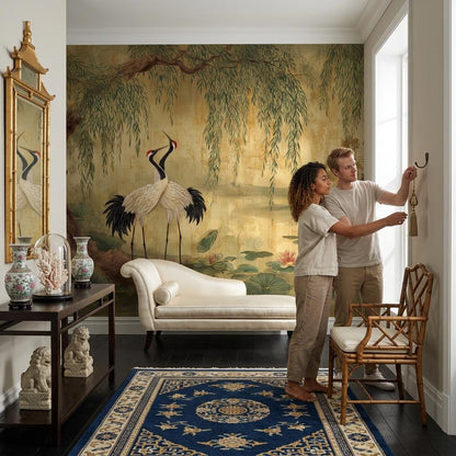 Lotus Pond Wallpaper Cranes Willow Tree Wall Mural