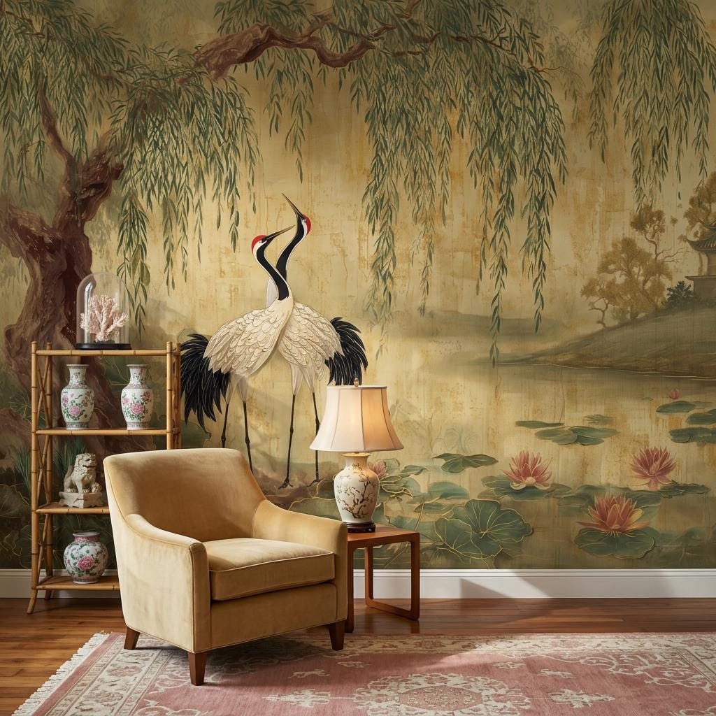 Lotus Pond Wallpaper Cranes Willow Tree Wall Mural