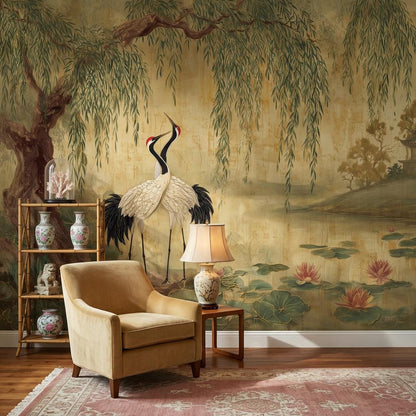 Lotus Pond Wallpaper Cranes Willow Tree Wall Mural
