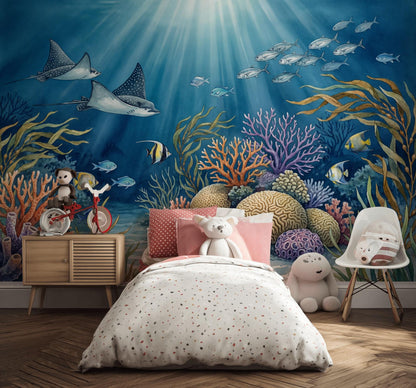 Ocean Reef Wallpaper Underwater Sun Rays Wall Mural