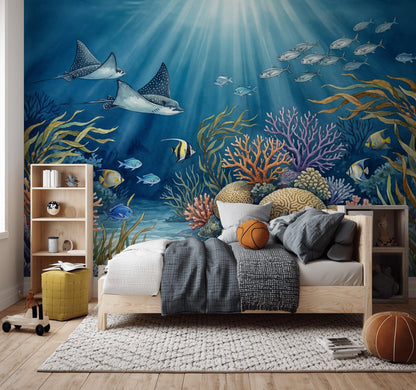 Ocean Reef Wallpaper Underwater Sun Rays Wall Mural