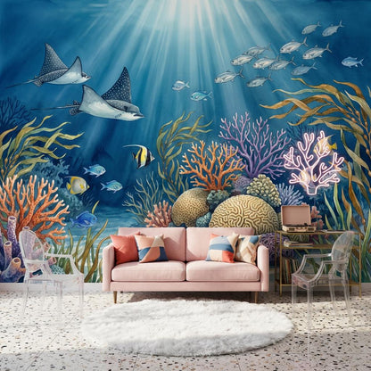 Ocean Reef Wallpaper Underwater Sun Rays Wall Mural