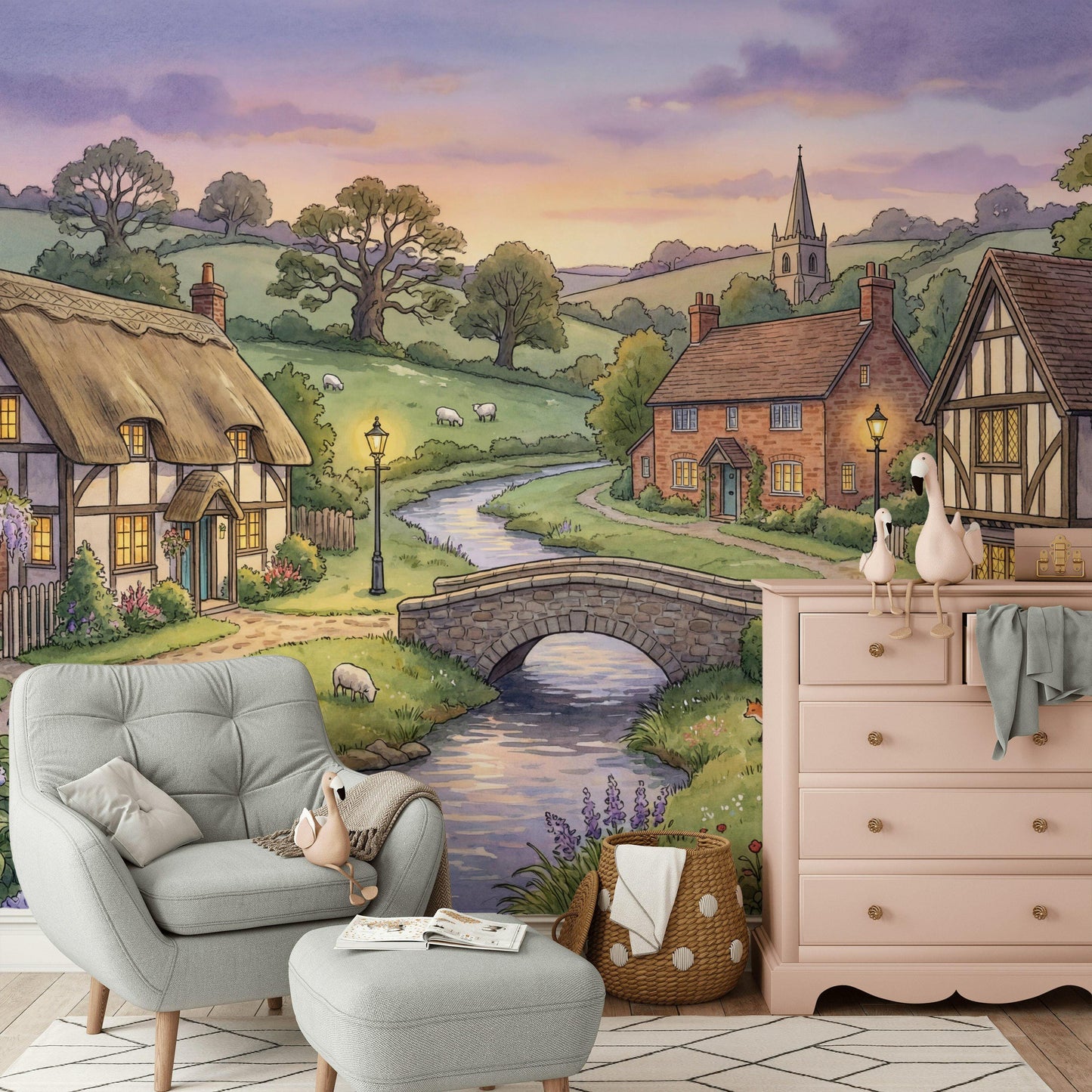 English Countryside Wallpaper Storybook Village Stone Bridge Wall Mural