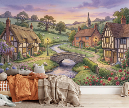 English Countryside Wallpaper Storybook Village Stone Bridge Wall Mural